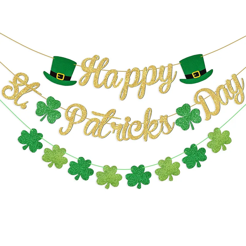 St Patricks Day Garland Happy St. Patrick’s Day Banner Gold Glitter Saint Patricks Day Shamrock Clover Garland Decorations