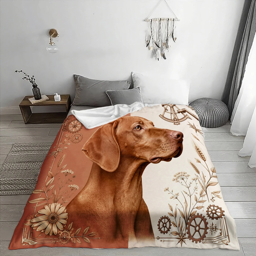 Vintage Vizsla Dog And Gears, Pet Lover Gift, Soft Fleece Blanket, Rustic Botanical Art Design, Multi-Purpose Home Decor, Cozy W