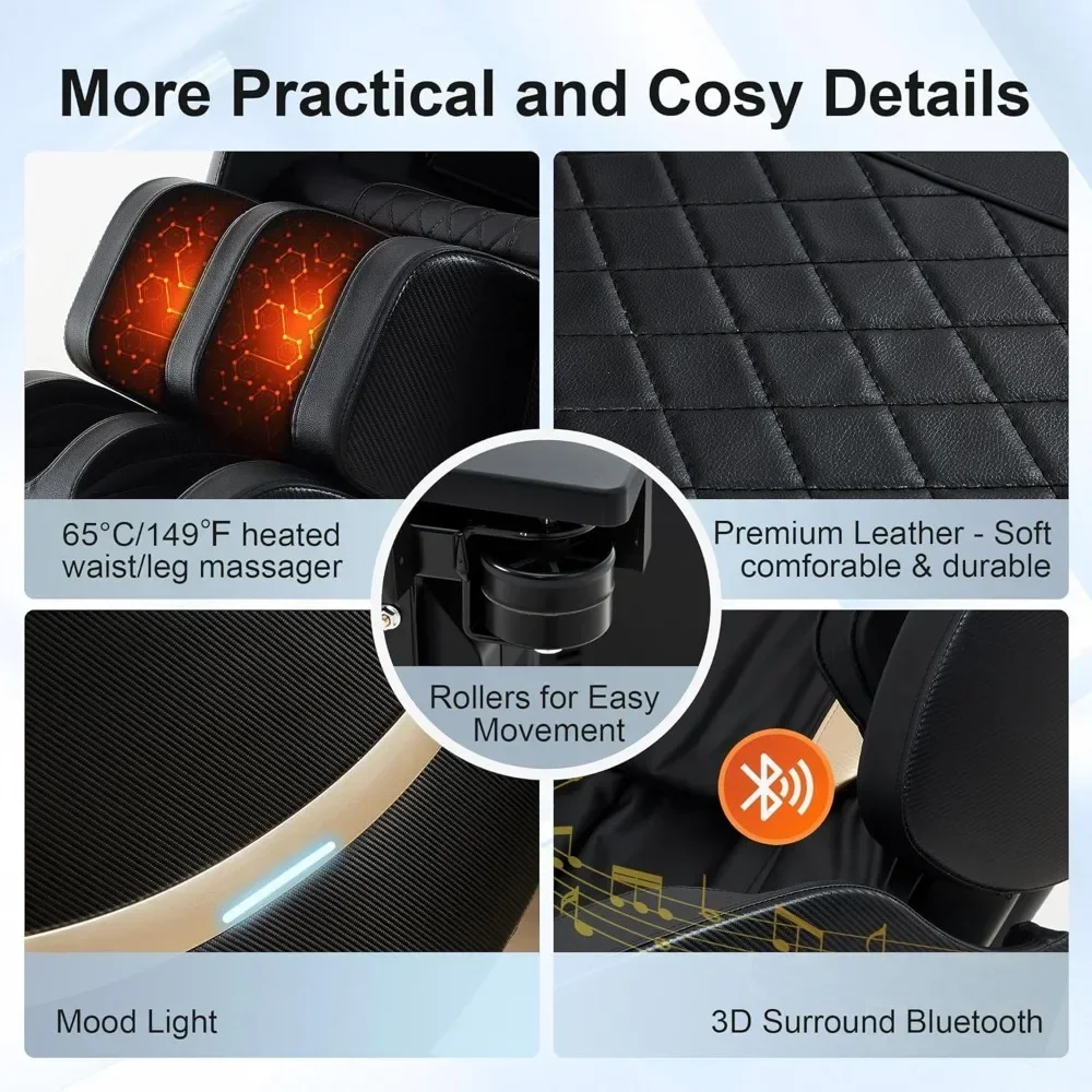 كرسي تدليك 2025 لكامل الجسم - كرسي تدليك بدون جاذبية مع بكرات تثبيت، علاج حراري، تدليك القدم، أوضاع تلقائية، بلوتوث