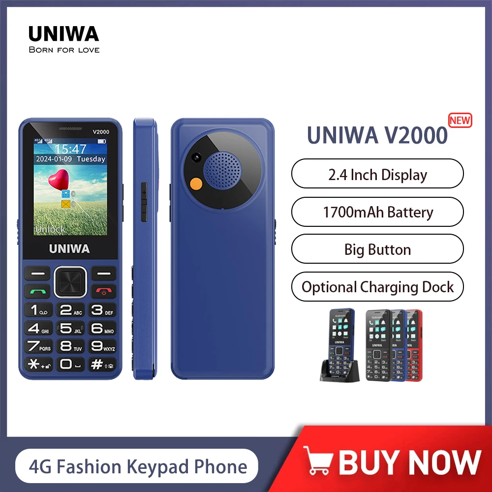 UNIWA V2000 4G Fashion Keypad Phone 2.4 Inch Big Button Loud Volume Dual SlM 1700mAh Russia Keyboard Feature Phones for Elderly