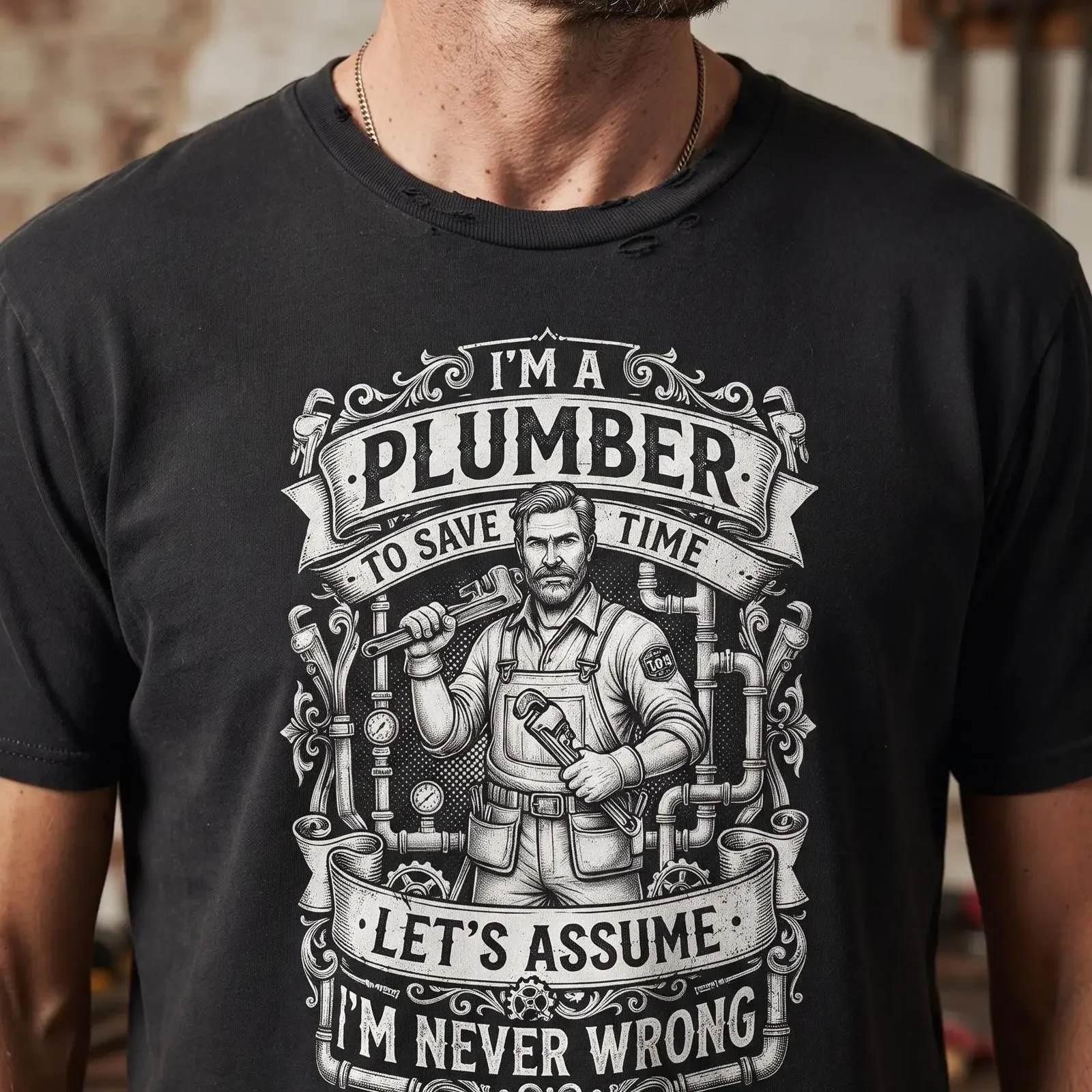 Funny Plumber Quote I'm Never Wrong T Shirt Men's Vintage Plumbing Worker Wrench Pipe Print Casual  vintage Washed Comfortable