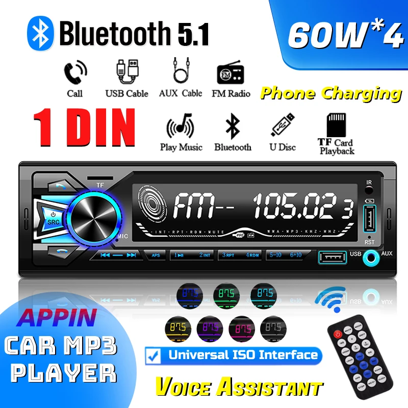 

Car Mp3 Bluetooth Player With Large Screen And Stereo Sound, 12v/24v Universal For Car Trucks Radio Audio System, Usb/Tf/Fm/Aux