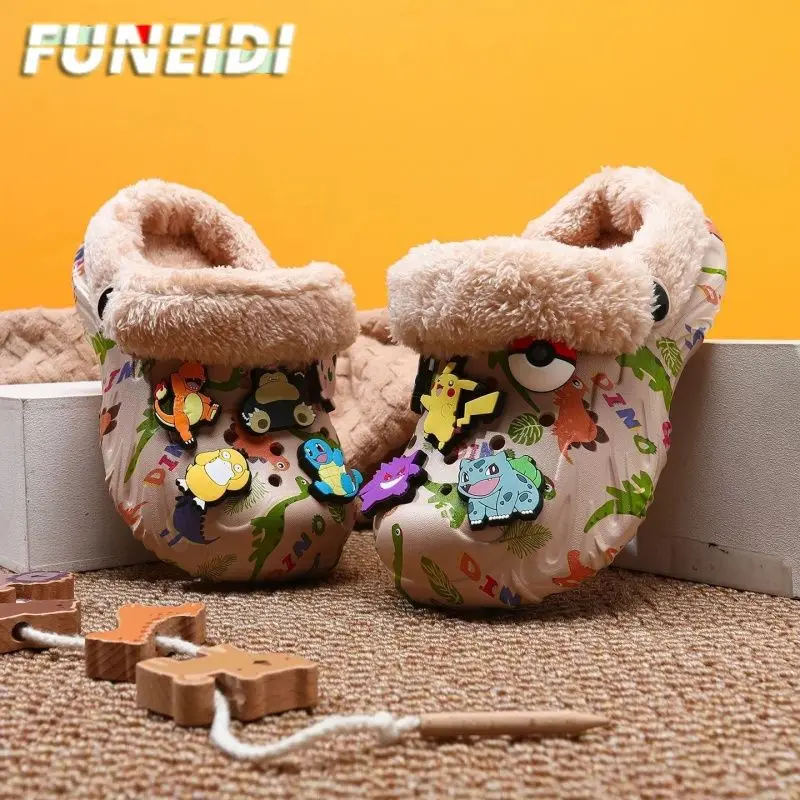 Warm Lined Clogs Sandals with Cute 3D Pokemon Shoe Charms Pikachu Bulbasaur Fuzzy Inner Non Slip Indoor Outdoor Slipper for Boys