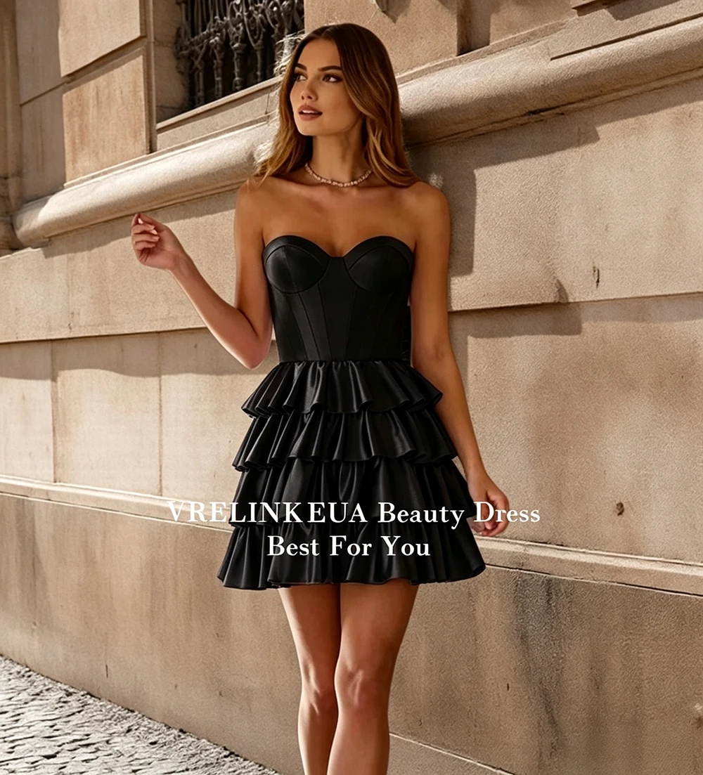 Tiered Strapless Graduation Dress Satin Mini Homecoming Dresses For Teens A Line Pleat Short Wedding Prom Dress Customized