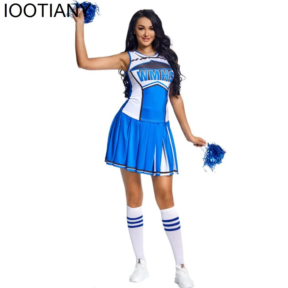 КосплейНовая женская школьная форма, сексуальная форма черлидинга, женский костюм черлидера, косплей, мини-плиссированная юбка + укороченный топ + помпоны + носок