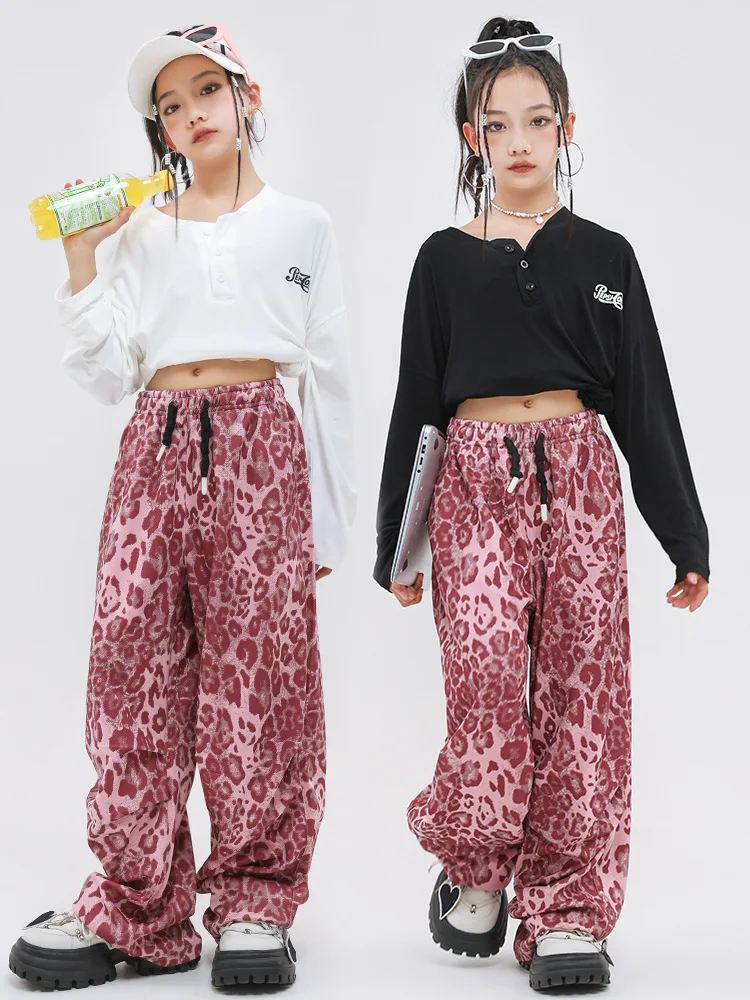 طفل Kpop الهيب هوب الملابس السوداء فضفاضة بلوزة أعلى الوردي ليوبارد عارضة واسعة الطية السراويل للفتيات الجاز أزياء رقص ارتداء الملابس