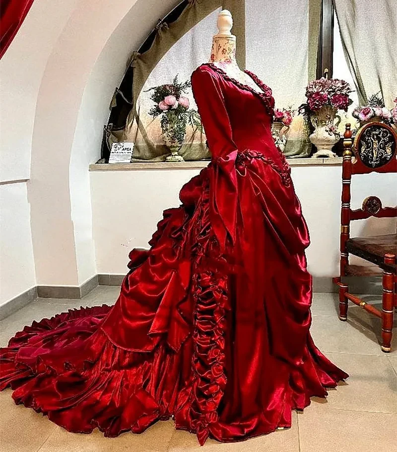 Vintage Dark Red Wedding Dress Ruched Victorian Costume Ball Dracula Aesthetic Delightful Historical Customized Bridal Gowns