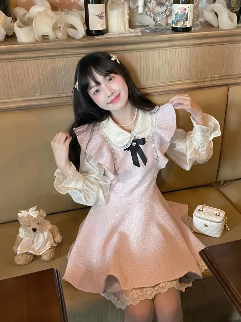 Gentle Sweet Doll Neck Shirt Flying Sleeve Dress Two Piece Set Women Korean Lace Spliced College Fashion Slim Autumn Cute Suit