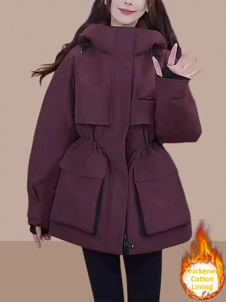

Women's Parka Jacket Winter Thickened Warm Cotton Coat Slimming Waist Design Commuter Style Korean Loose Fit Polyester Fiber