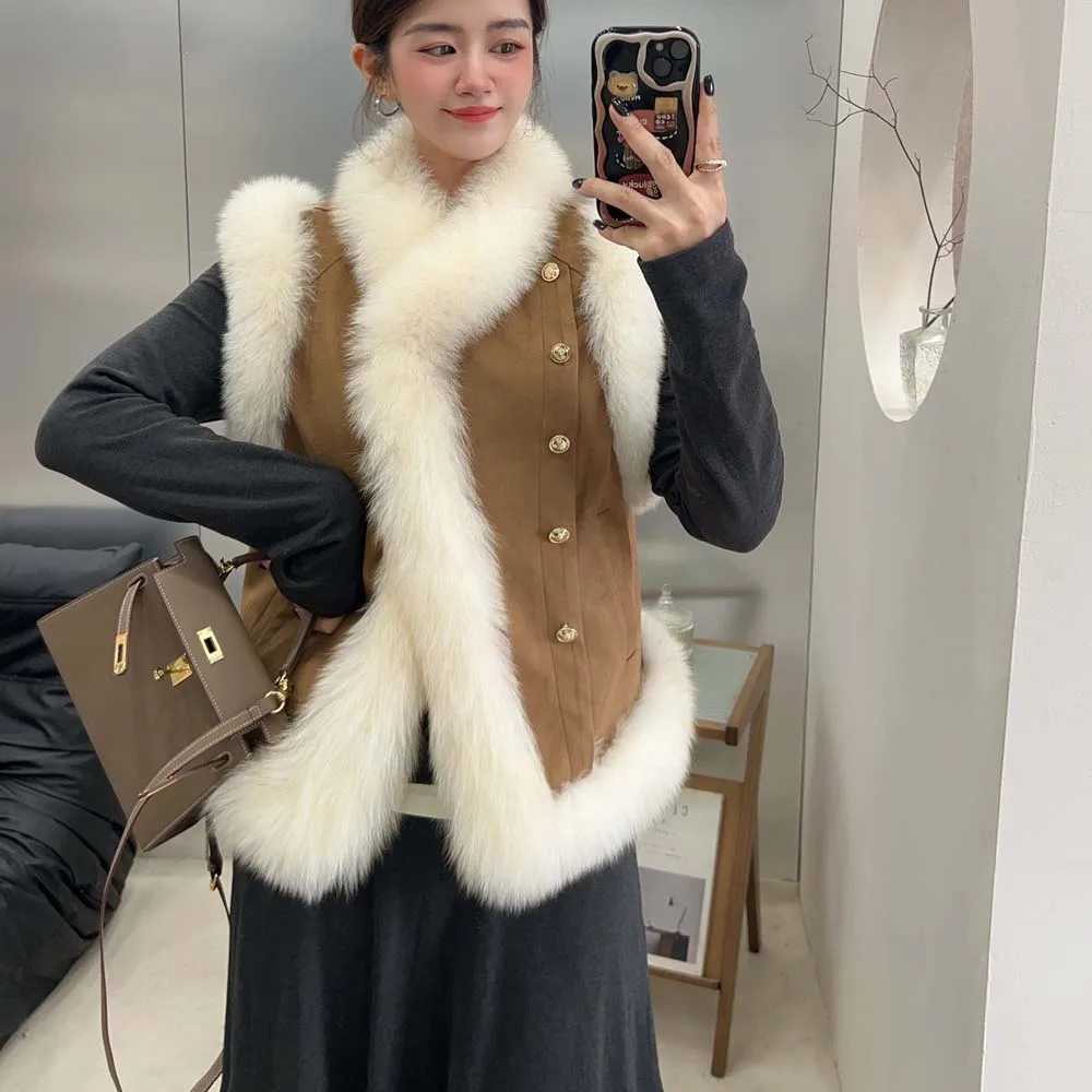 2025 المرأة الشتاء الثعلب الفراء سترة الحلو فروي جاكيت بلا إكمام صدرية أوزة أسفل بطانة الداخلية سترة
