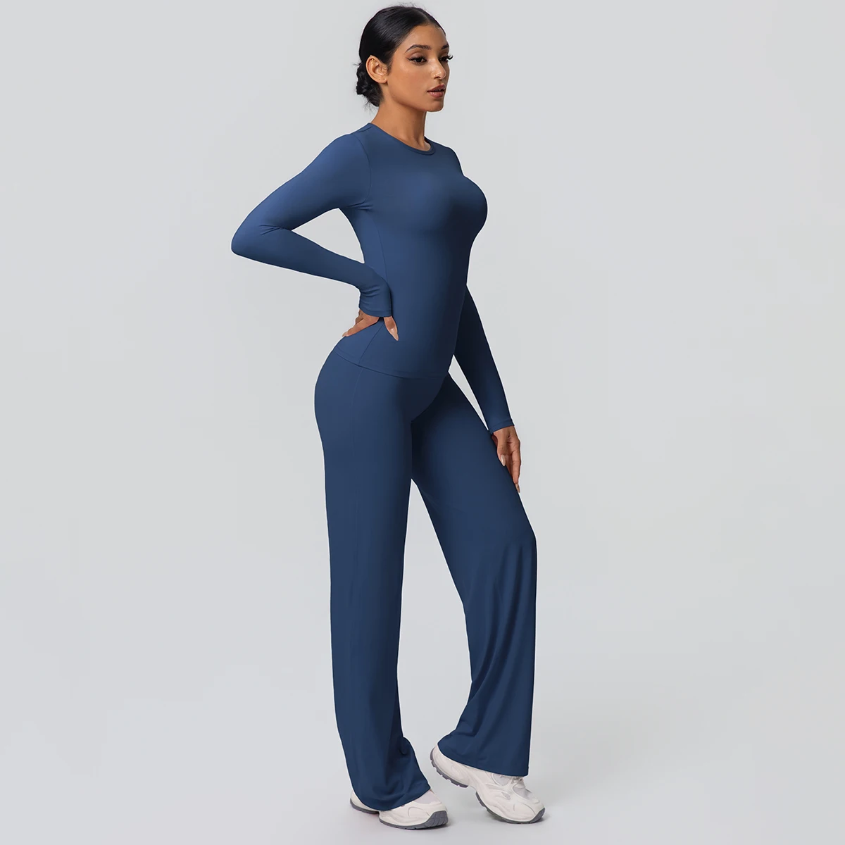 2 stück Frauen Gym Yoga Set Lauf Shirts Schlank Lange Ärmel Workout Top Schnell Trocknend Hohe Stretch Breite Bein Hosen dünne Yoga Set – Detail 21