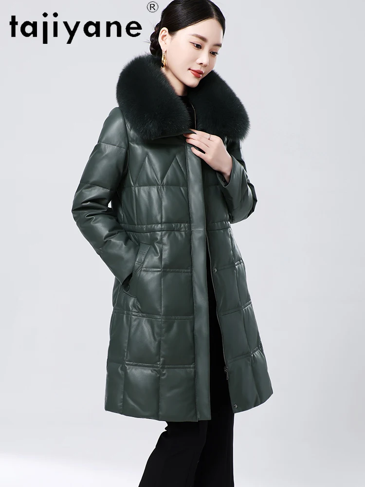 TAJIYANE 100% الطبقة العليا جلد الغنم أسفل معطف امرأة الأخضر جلد طبيعي طويل سترة منفوخة الثعلب الفراء طوق 2025 الملابس الشتوية