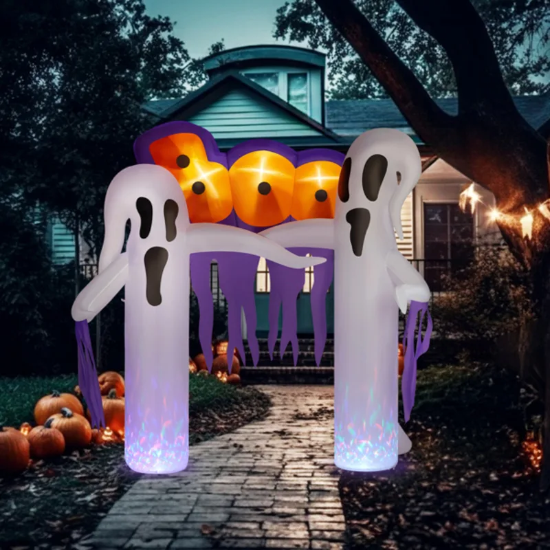 9 Ft witte spookboog met 3 LED-verlichting en 2 kleurrijke lichtpanelen Halloween opblaasbare decoratie