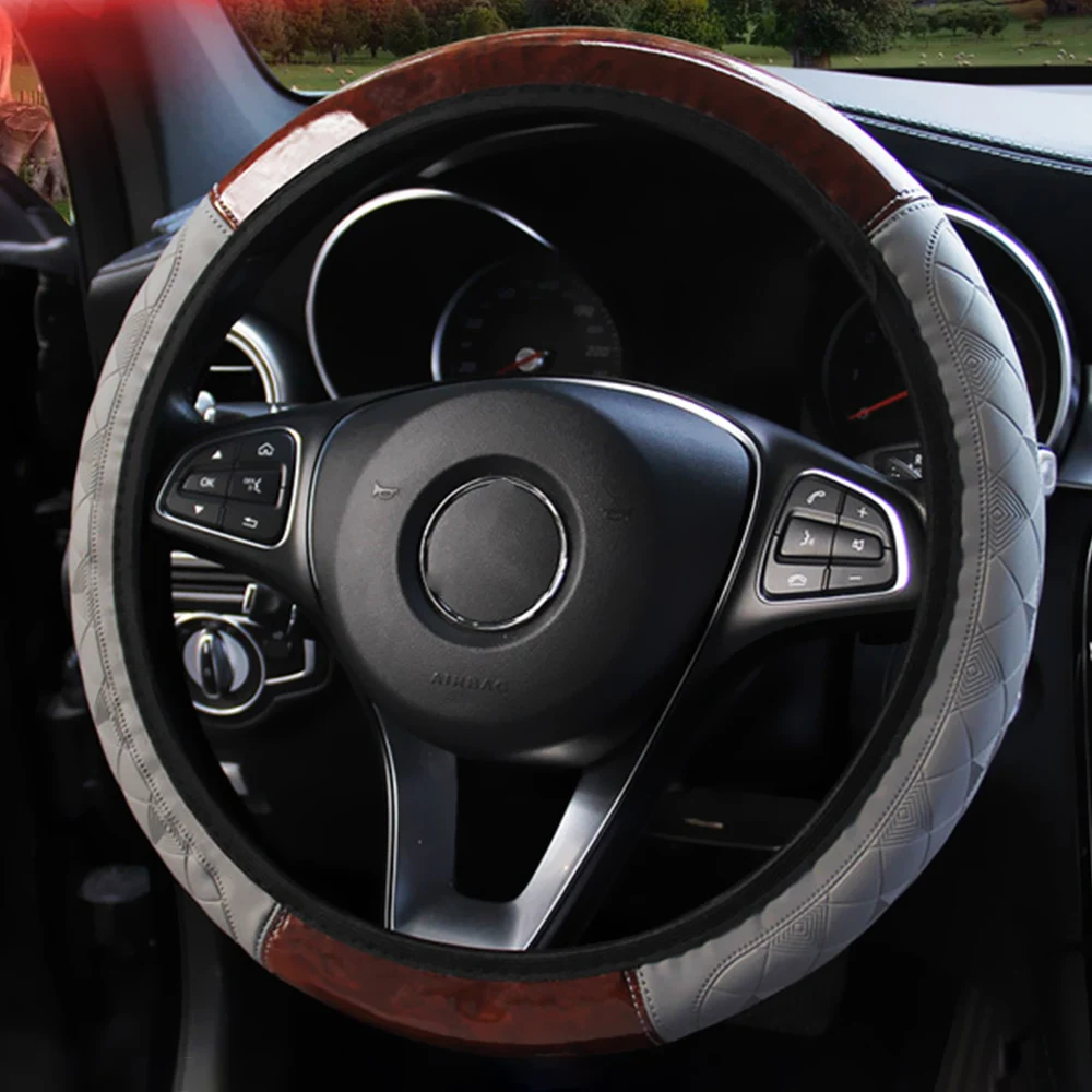 4 Colors Universal PU Leather Steering Covers Wooden Pattern Interior Accessories Car-styling Car Steering Wheel Cover