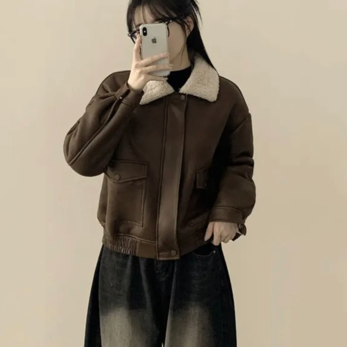 Damen Retro Biker Sle Thiened Lammfell Ort Mantel Long Sve Reißverschlusskragen Leder und Pelz Inteated Oberbekleidung Jaet