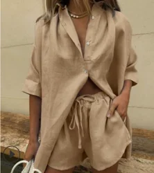 Fashion Casual Women Two Pieces Sets Autumn New Solid Long Sleeve Shirts + Elastic Waist Shorts Suits Loose Cotton Linen Outfits