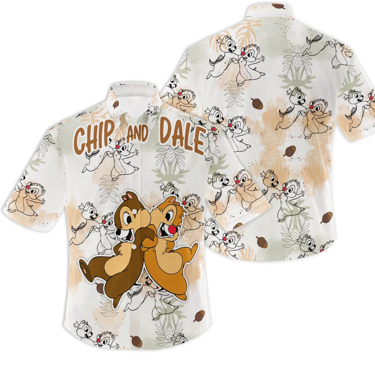 Chip e Dale camisa havaiana para homens e mulheres, manga curta, camisa havaiana disney, estampa tropical de verão, camisa de botão de férias