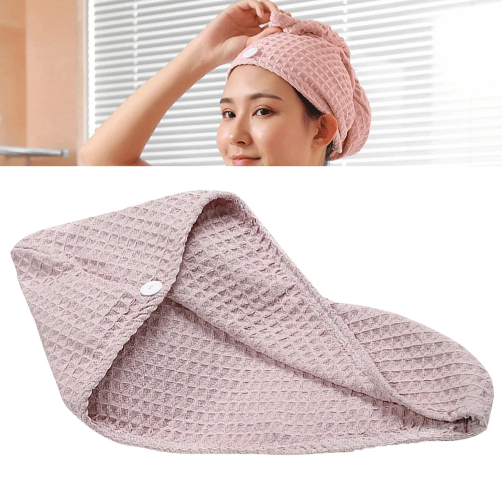 1Pc Waffle Hair Towel Ultra Absorbent Hair Drying Fast Drying Shower Bath Towel Pure Color Dry Hair for Home Hotel Travel (Pink)