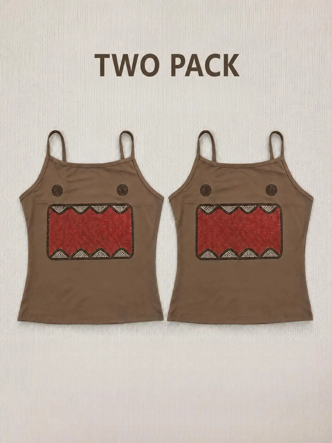 Y2K Women Two Pack Cami Tank Rhinestone Cartoon Monster Print Slim Spaghetti Straps Adjustable Strap Camisole Streetwear Vests