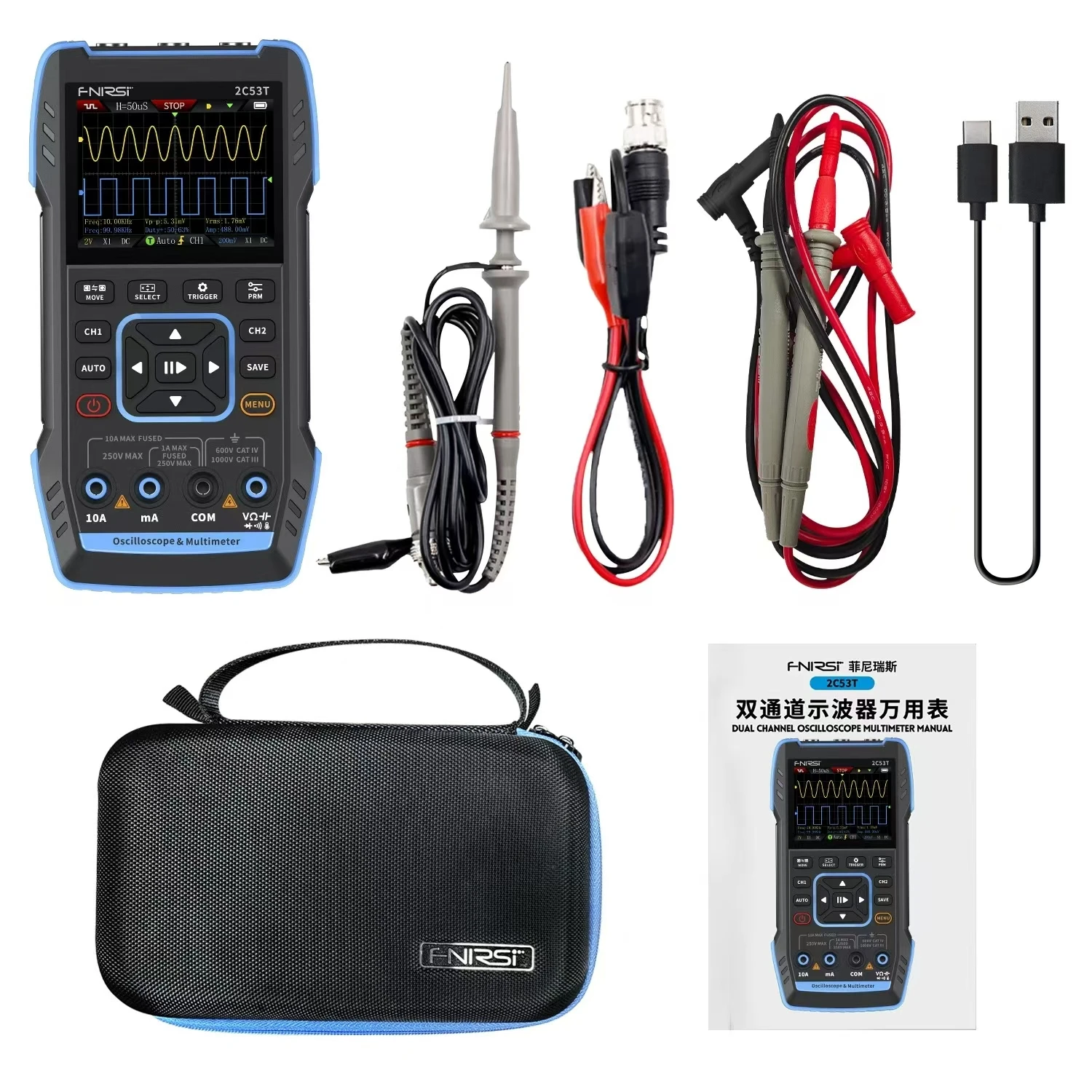 FNIRSI 2C53T 3in1 Oscilloscope Multimeter Signal Generator 50MHz Bandwidth 250MS Rate Dual Channel 20000 Counts 3000mAh Battery