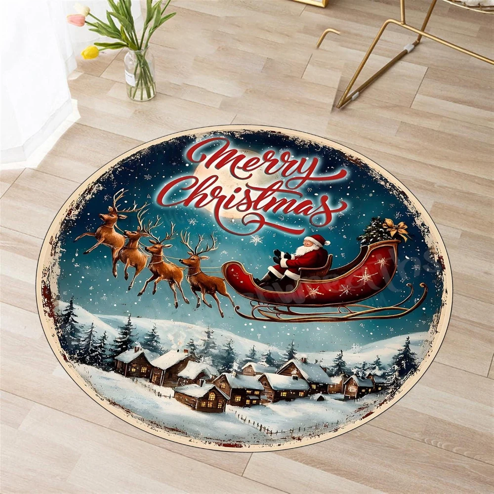 retro Christmas Santa Reindeer Winter Village graphics Circle Rug,living room,entryway,dining room home decor Washable Rug