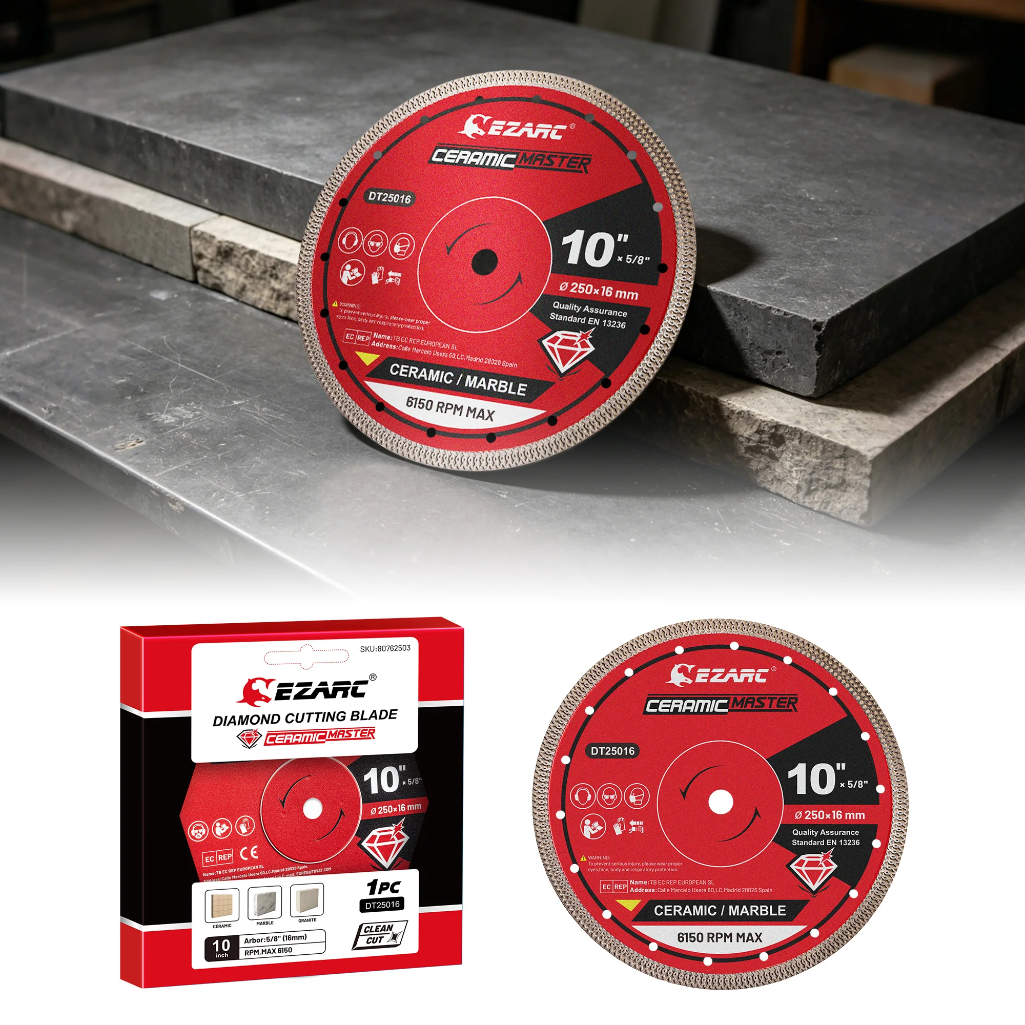 EZARC 250mm Super Thin Diamond Tile Blade 16mm Arbor Saw Blades for Angle Grinder, Wet & Dry Cutting Porcelain/Ceramic/Marble