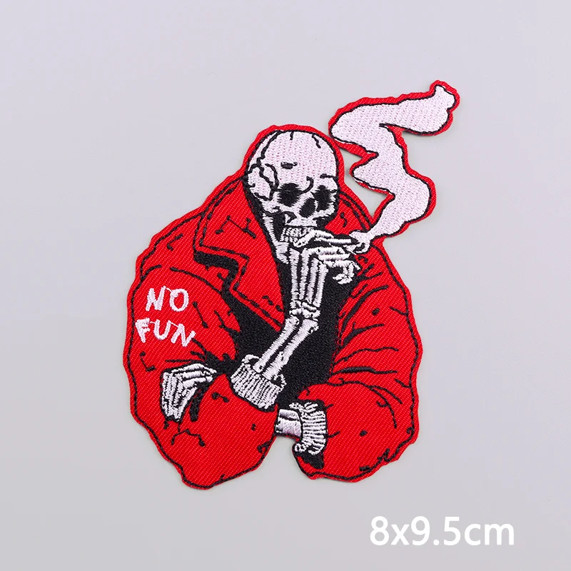 Punk Smoke Skeleton Patch Iron On Patches For Clothing Stickers Horror Skull Embroidered Patches On Clothes Jacket Sewing Patch