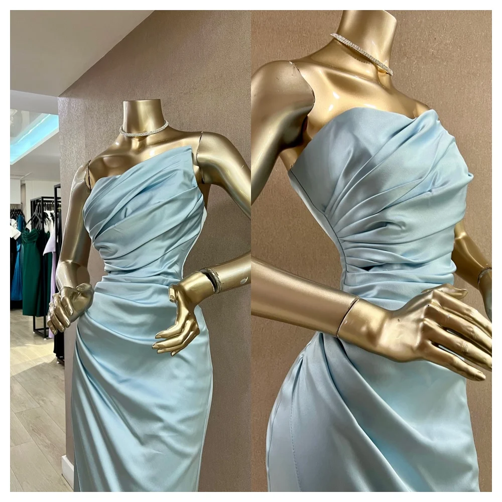customizedCustomized Mermaid Simple Blue Satin Evening Dress Modern Strapless Sleeveless Party Dress Fashion Floor Length Celebr