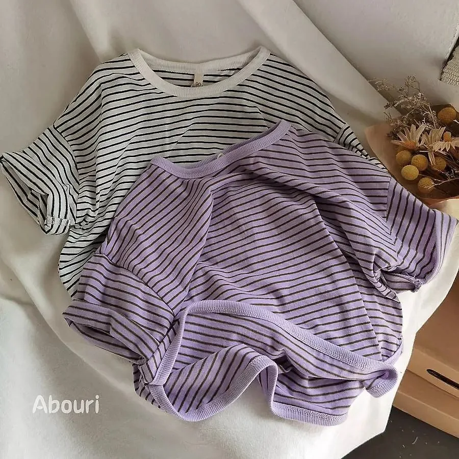 

Boys Girls Versatile Fashion Striped Half Sleeve Spring Summer Costume Trendy Crewneck T-shirt Simple Bottoming Shirt For Child