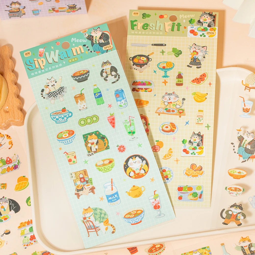 2sheets/pack Cat Food Diary Series Kawaii Cartoon Die Cut Stickers Creative Patterns DIY Diary Scrapbook Aesthetics Stationery