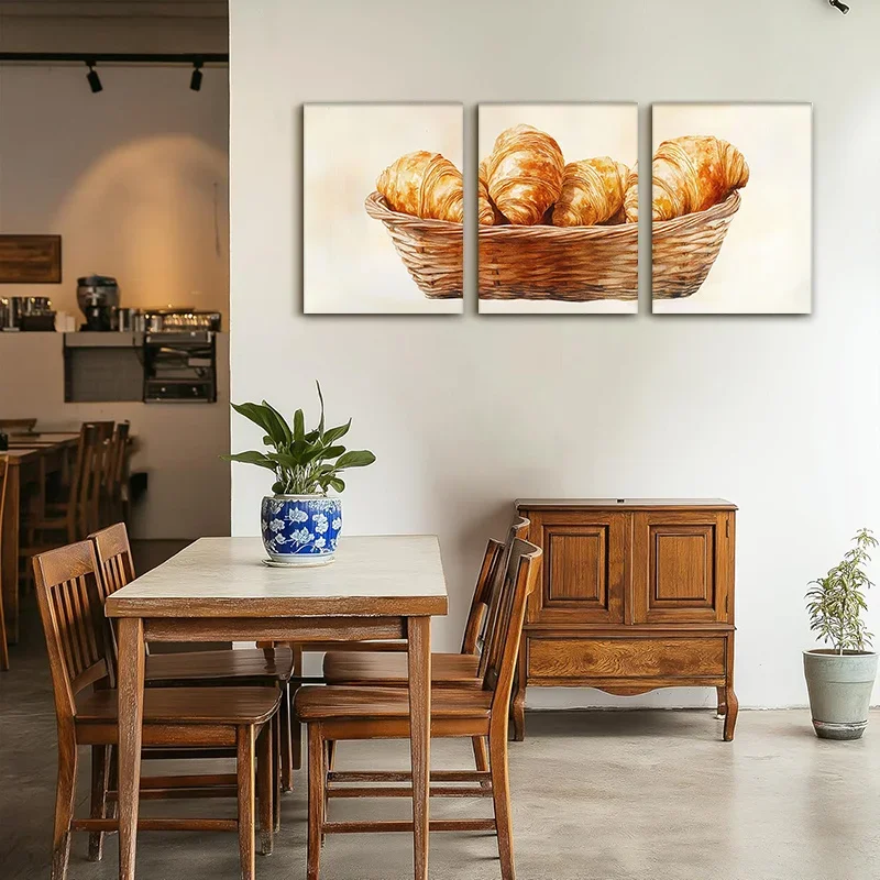 3pcs frameless   This Set of Three Rustic Croissant Canvas Artworks Adds a Soothing Atmosphere to Your Kitchen Or Li