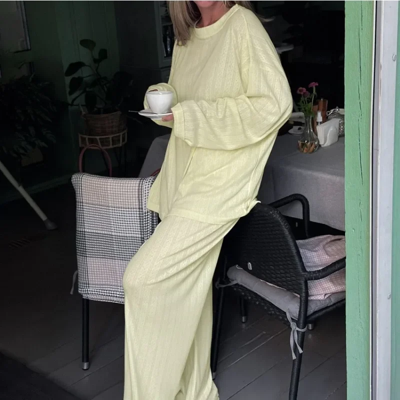Elegant Comfortable Long Sleeve Shirt Wide Leg Pants Set Homewear Loungewear Nightwear 2025 Women Loose Two Piece Pajamas Set