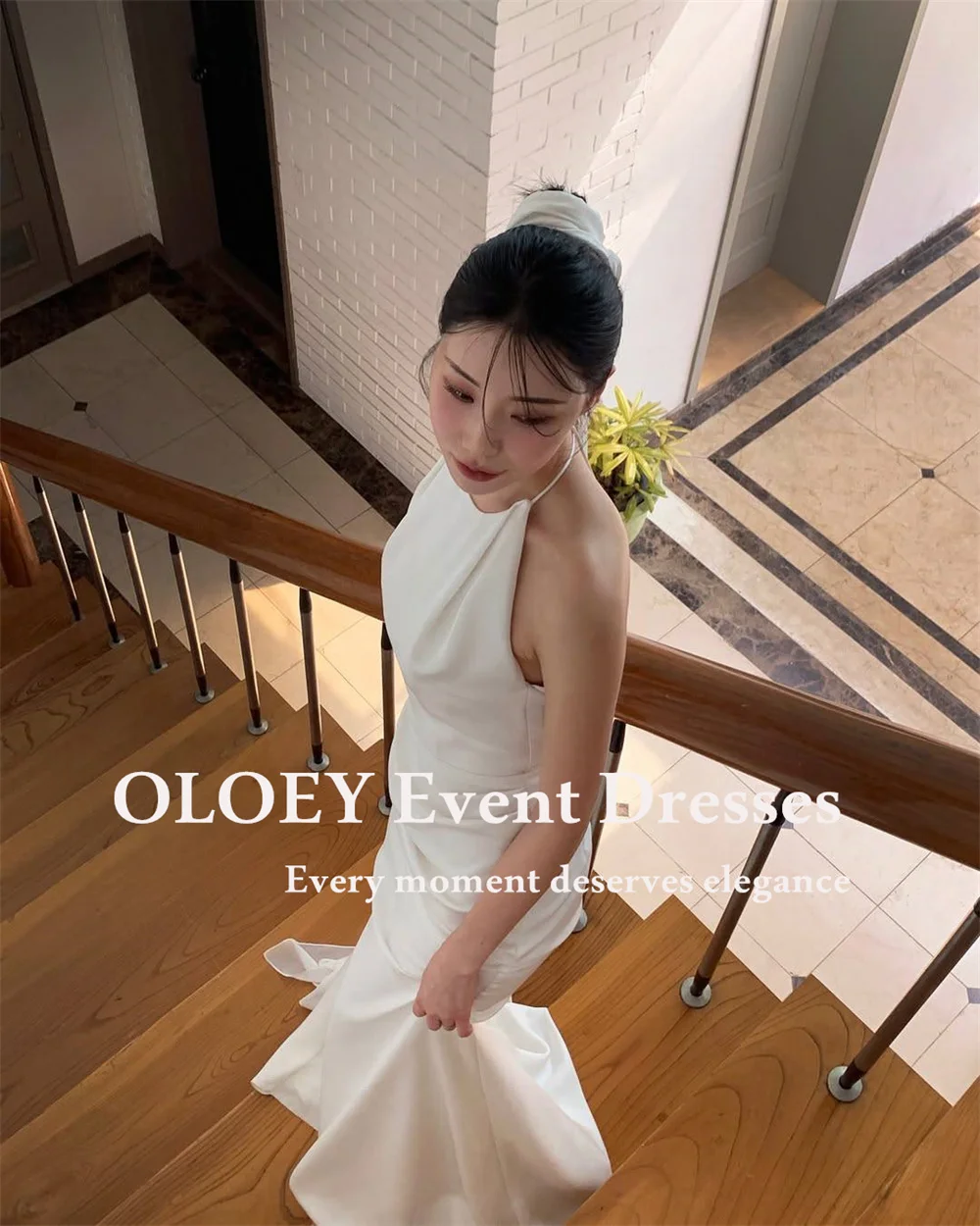 OLOEY بسيط الرسن حورية البحر فستان الزفاف كوريا صورة تبادل لاطلاق النار طول الأرض بلا أكمام ثوب الزفاف البريدي الخلفي الطيات الساتان حسب الطلب