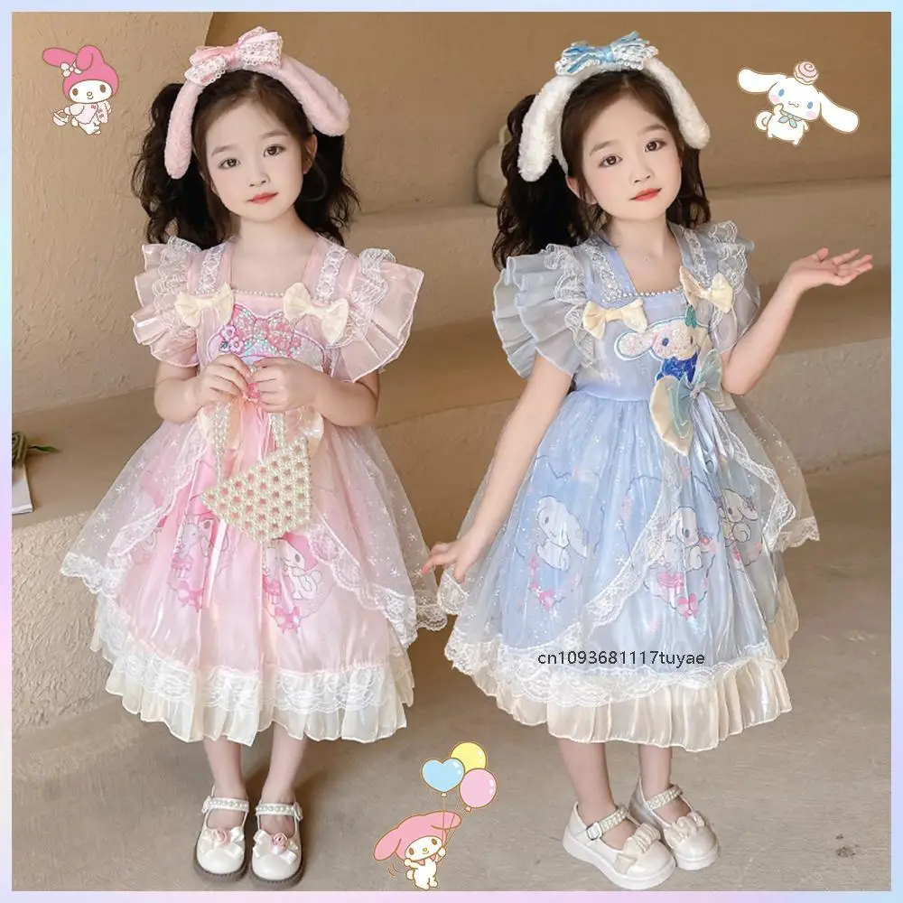 

Kawaii Cinnamoroll Melody Girl's Lolita Princess Dress Sanrios Anime Summer New Cartoon Bow Blue Sweet Children Yarn Skirt Dress