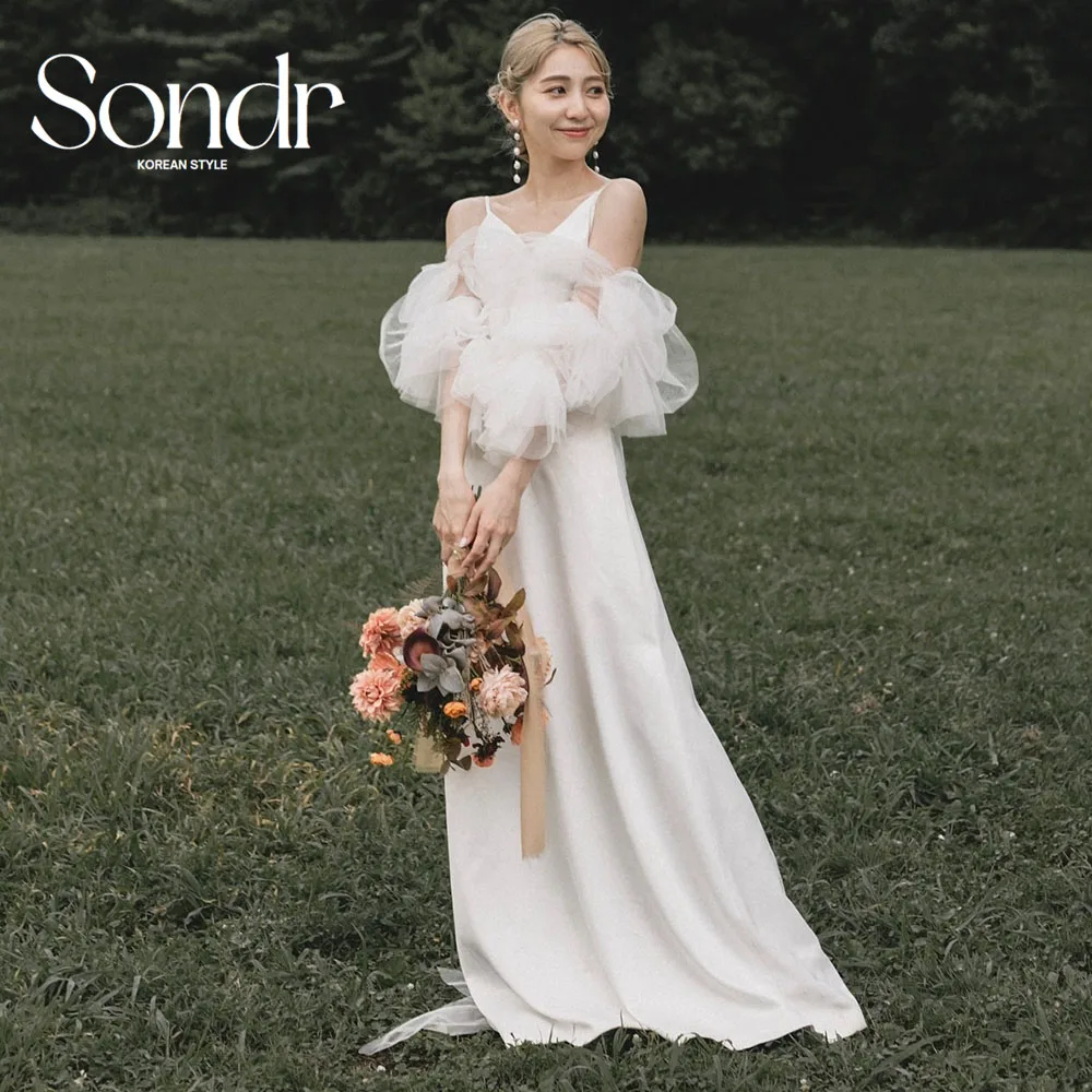 

Sondr Elegant Spaghetti Straps Silk Satin Korean Wedding Dresses Puff Long Sleeves Japanese Bridal Gowns Garden Customized