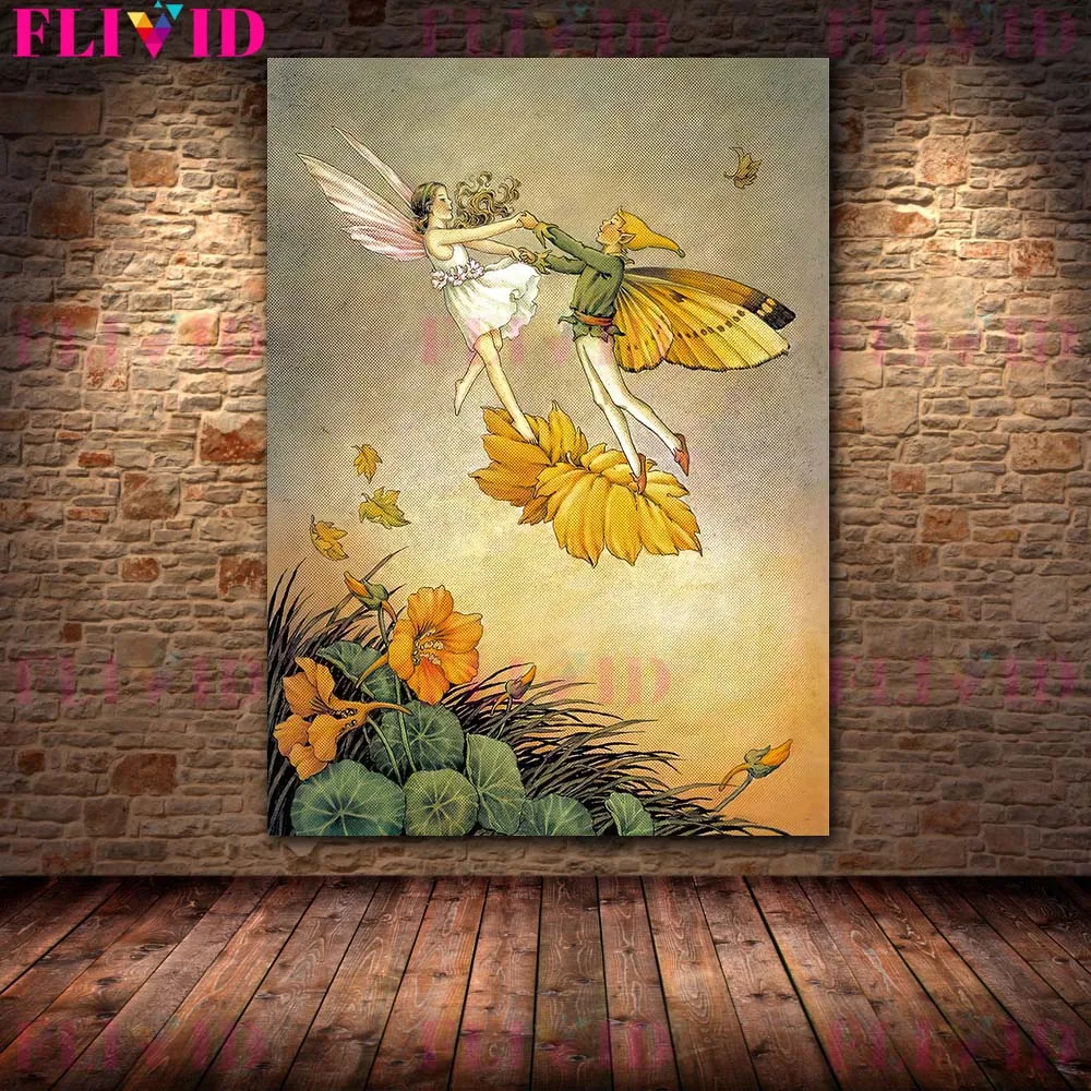 The Little Fairy Girl Riding Bat And Rainbow Fairy Vintage Wall Art Canvas Painting The Fairies Came Art Poster And Print Decor