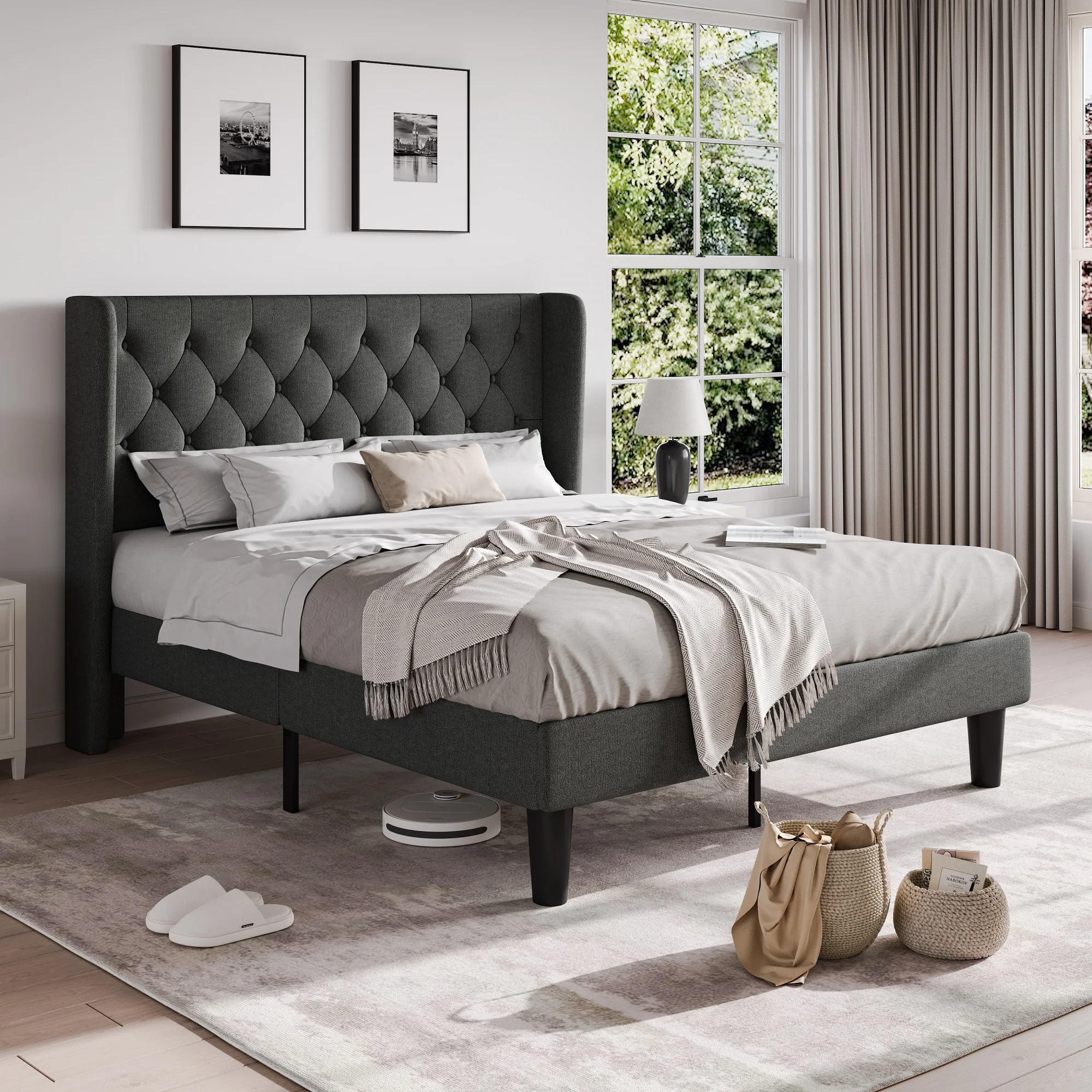 HOOMIC Classic Bed Frame with Button Tufted Wingback Headboard, Upholstered Platform Bed with Wooden Slats Support Allewie