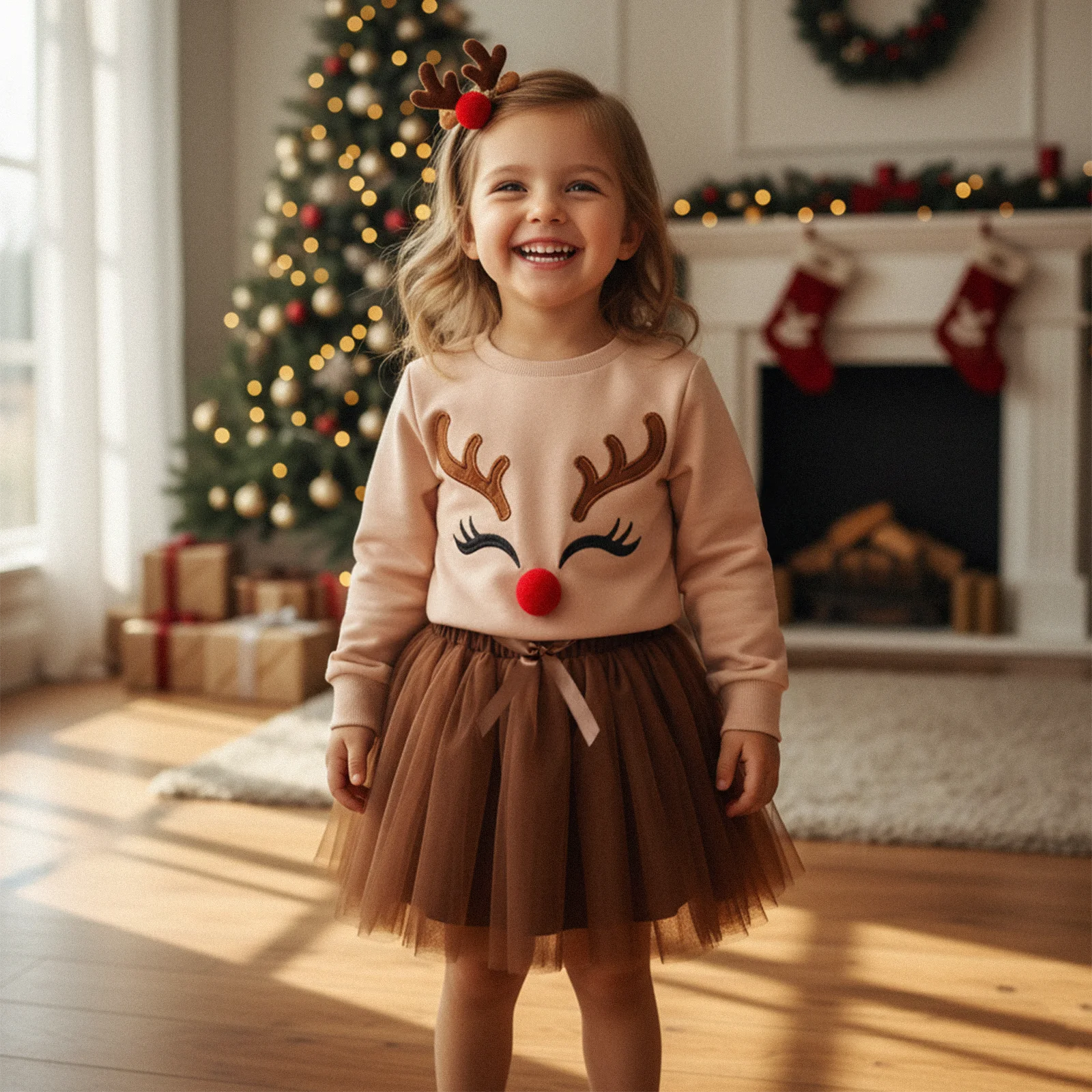 1-5Y Cute Toddler Little Girl Christmas Outfit Reindeer Long Sleeve Sweatshirt Tulle Skirt 2 Piece Set Costume