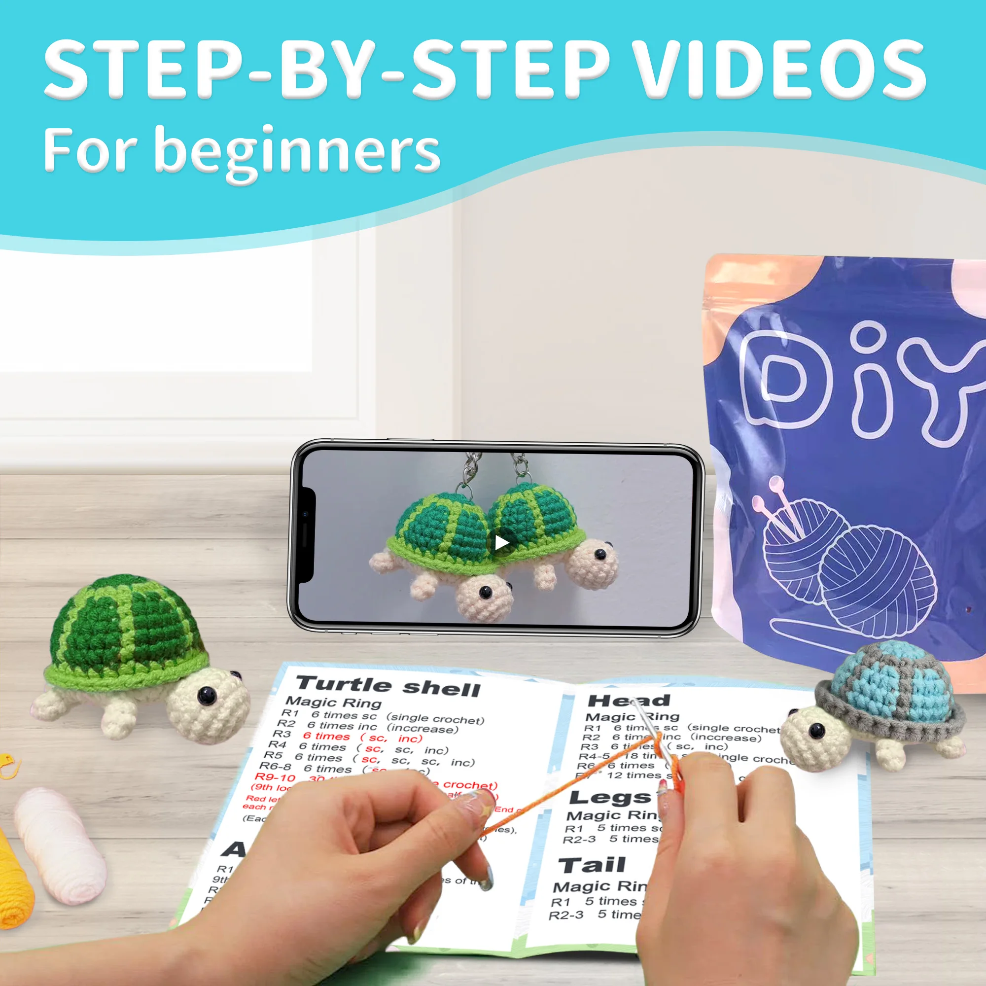 YAMAXIN 2PCS Turtle Crochet Kit for Beginners Crochet Easy Learn to Starter Amigurumi Knitting Kit