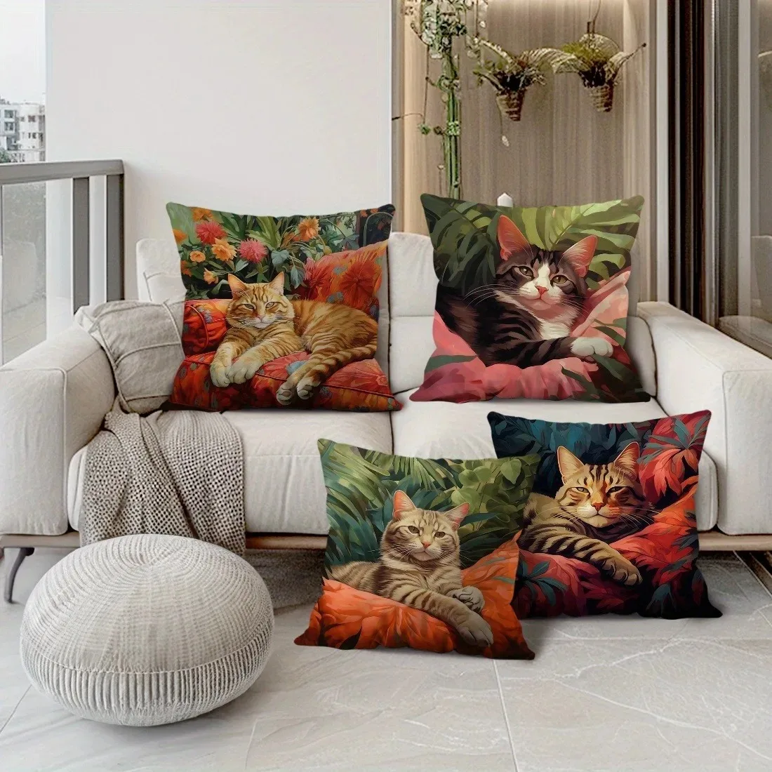 Home Decor Cute Cats In Floral & Leafy Garden Pillow Covers Pattern Cushion Cover Suitable For Sofa Bedroom Car Pillow Cover