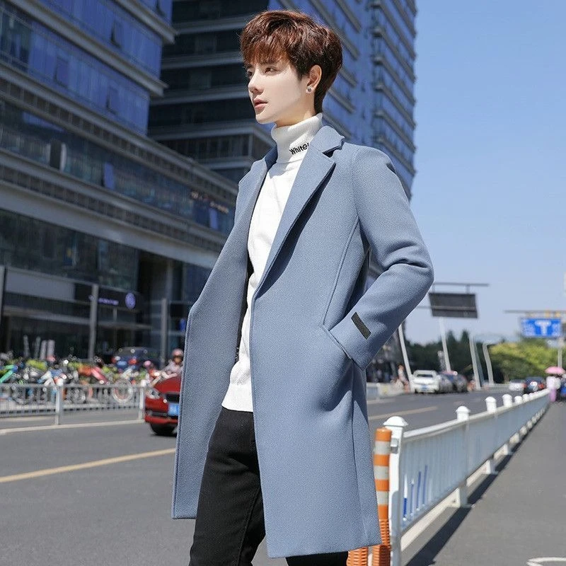 

Men's Autumn Winter Long Windbreaker Coat Thickened Cotton Blend Woolen Overcoat Korean Style Mid Length Jacket for Students Men