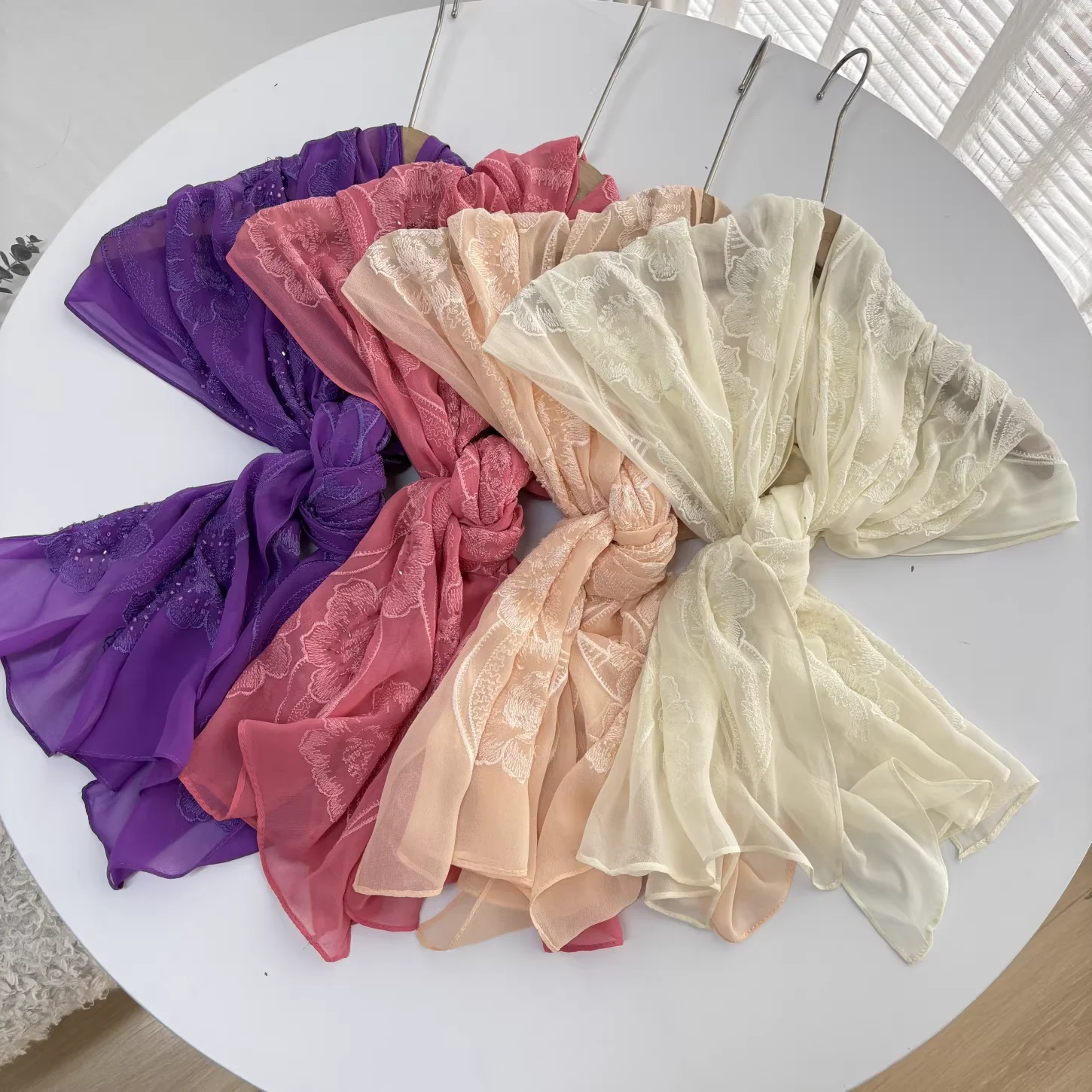 

100% Silk embroidered shawls for women autumn white pink purple lace embroidered neck scarves headscarf woman accesories