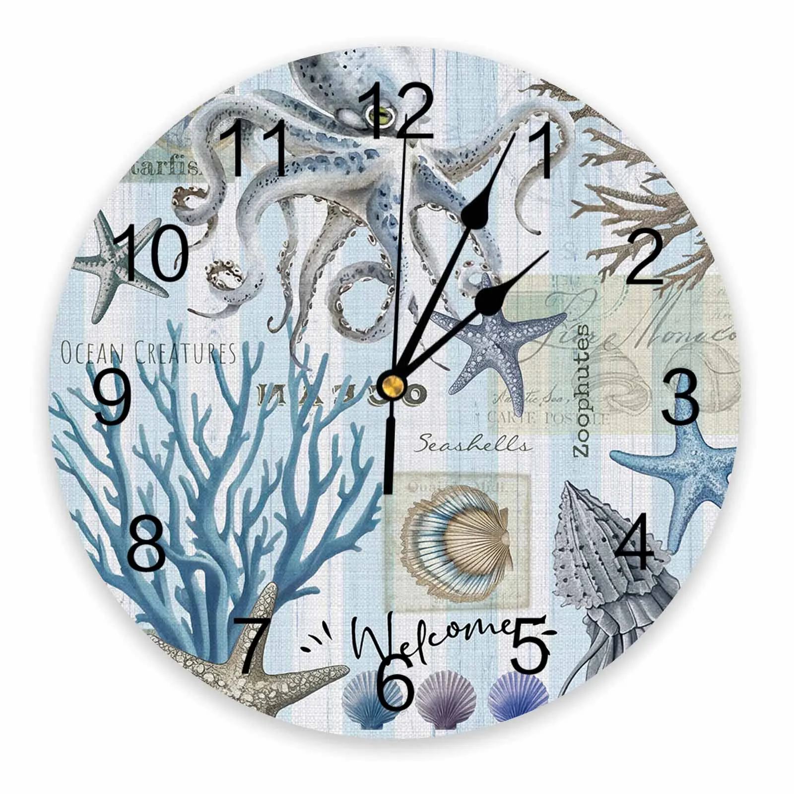 Marine Organisms Starfish Octopus Coral Shells Printed Wall Clock Modern Silent Clock Living Room Home Decor Wall Hanging Watch