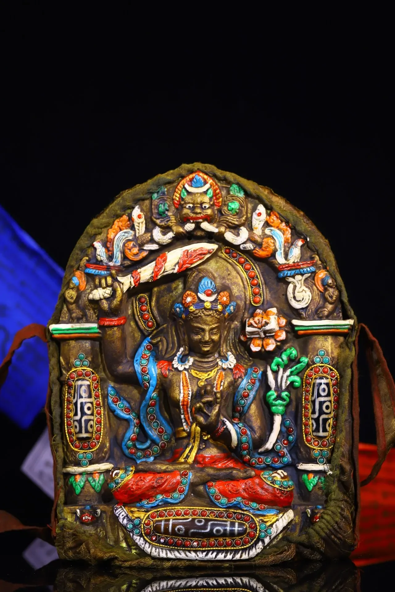 

10"Tibetan Temple Collection Old Rubbing Buddha Painted Mosaic Gem gZi Beads Manjushri Buddhist Niche Worship Hall Town house