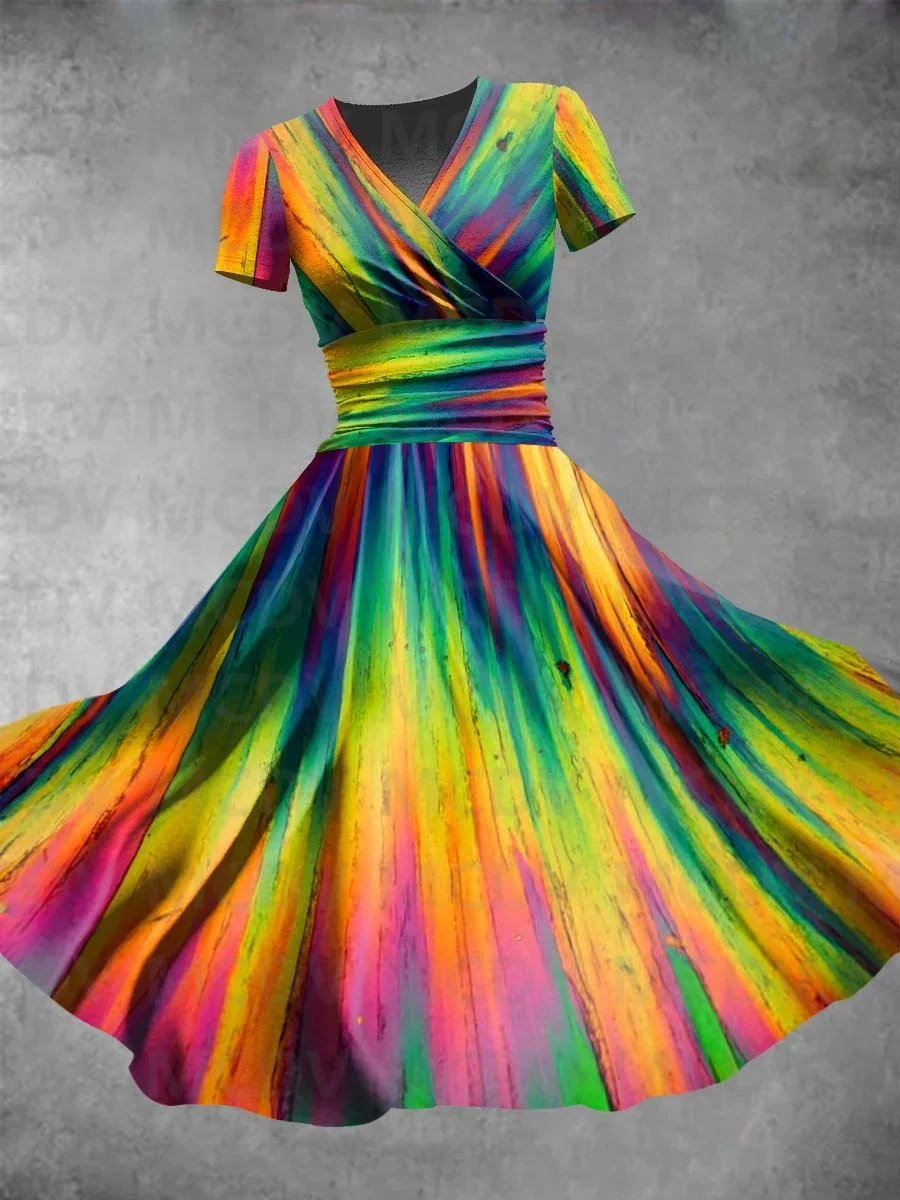 Vestido con estampado de Aurora arcoíris para mujer, vestido Sexy con cuello en V, vestidos femeninos con estampado 3D