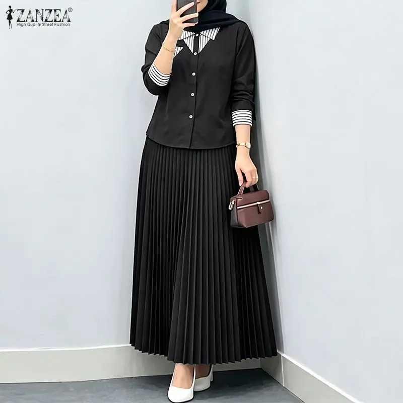ZANZEA Muslim Modest 2 Pieces Sets Autumn Outfits Elegant Women Striped Patchwork Long Sleeve Shirt With Pleated Maxi Skirt 2026