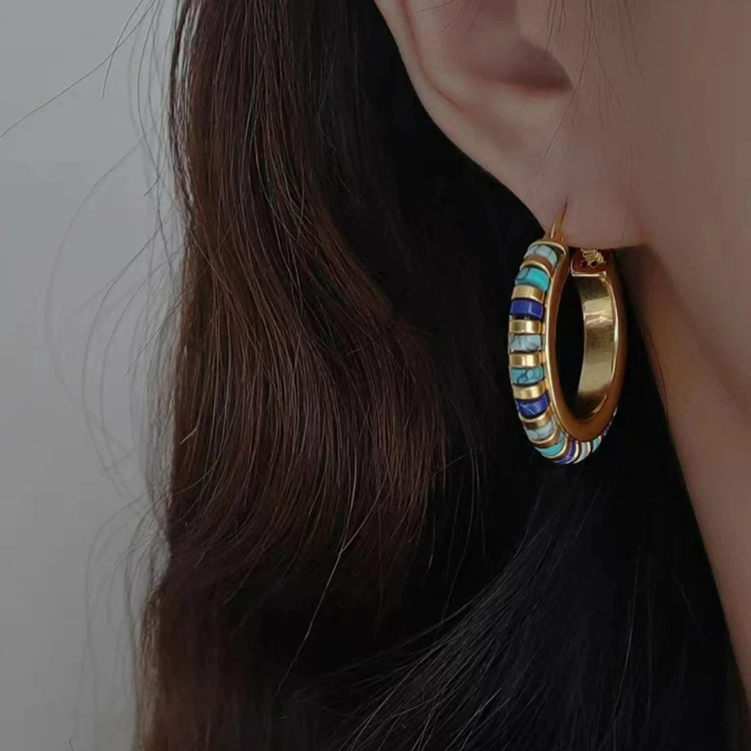 

2026 весна-лето, новый модный дизайн, темпераментные круглые серьги с бирюзовым бисером, матовые серьги-кольца в античном стиле для женщин