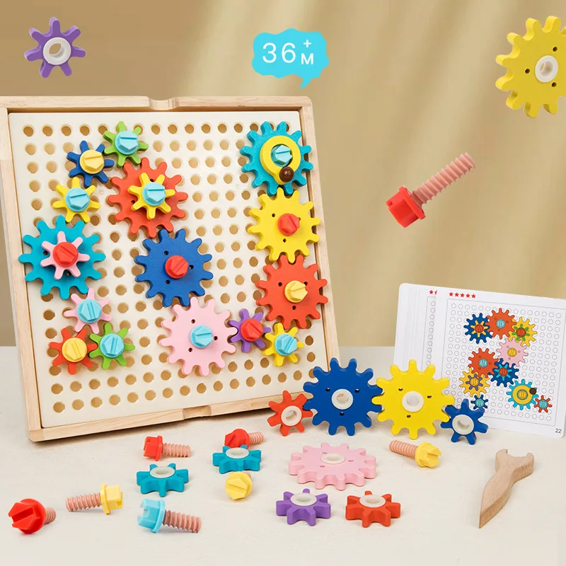 Wooden Nut Screw Puzzles Gears Rotating Montessori Toys Color Cognitive Shape Matching Kids Fine Motor Training Building Blocks