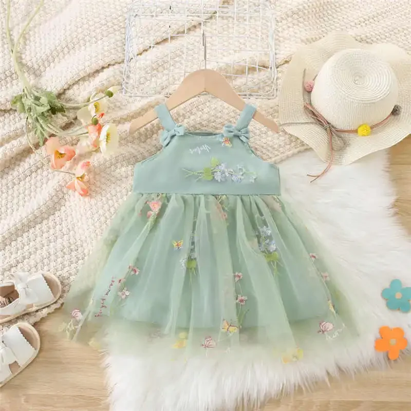 (0-3 Years Old) Summer Mesh Floral Bow Baby Girl Dress Cute And Sweet Double Layered Gauze Girl Princess Dress