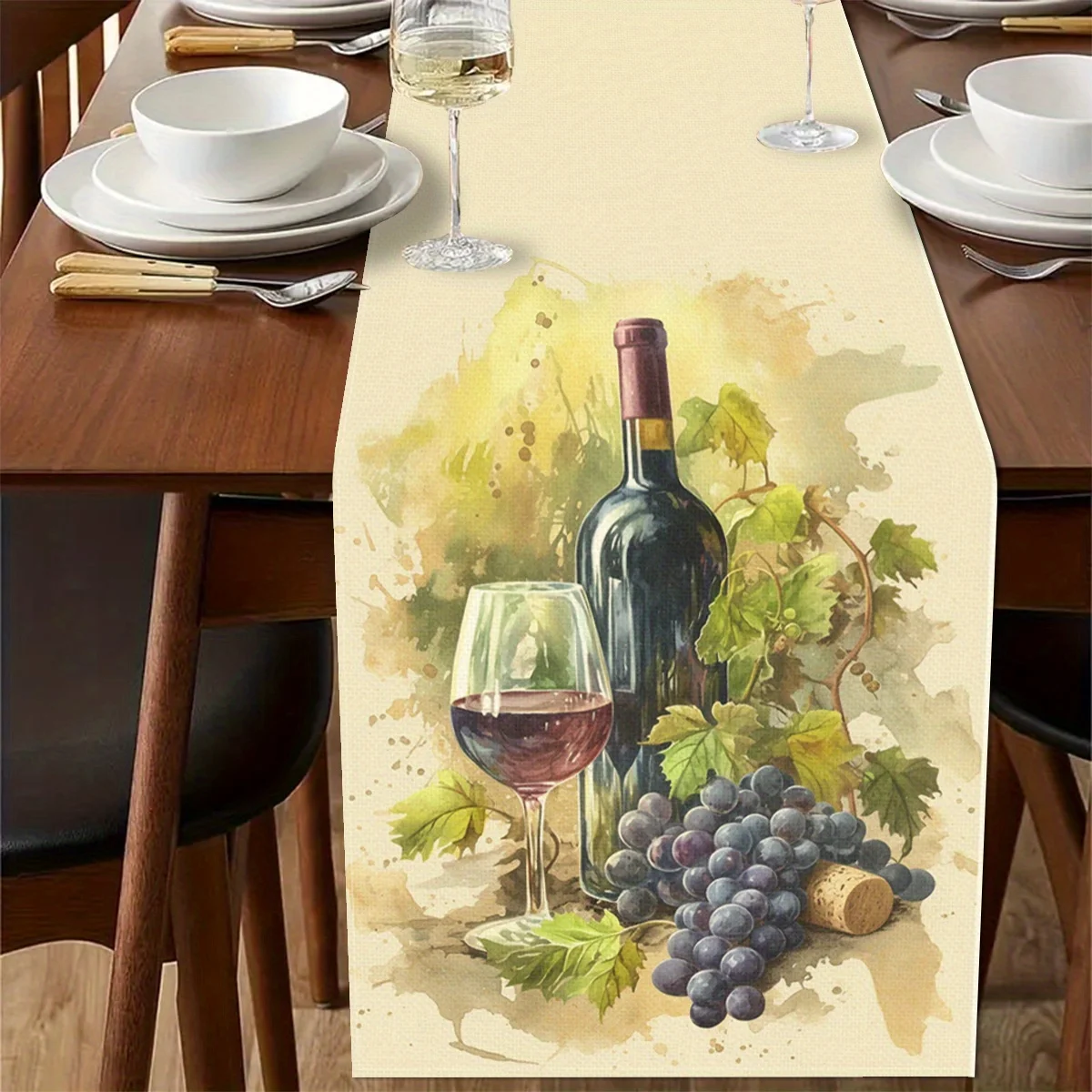 Table Runner Grape & Wine Theme Watercolor Design with Grapes Wine Bottles & Glasses Design Farmhouse Kitchen Anniversary Dining